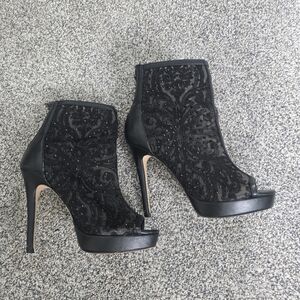 Aldo Uliania Ankle Peep Toe Lace Rhinestone Heels Booties Size 8 Black